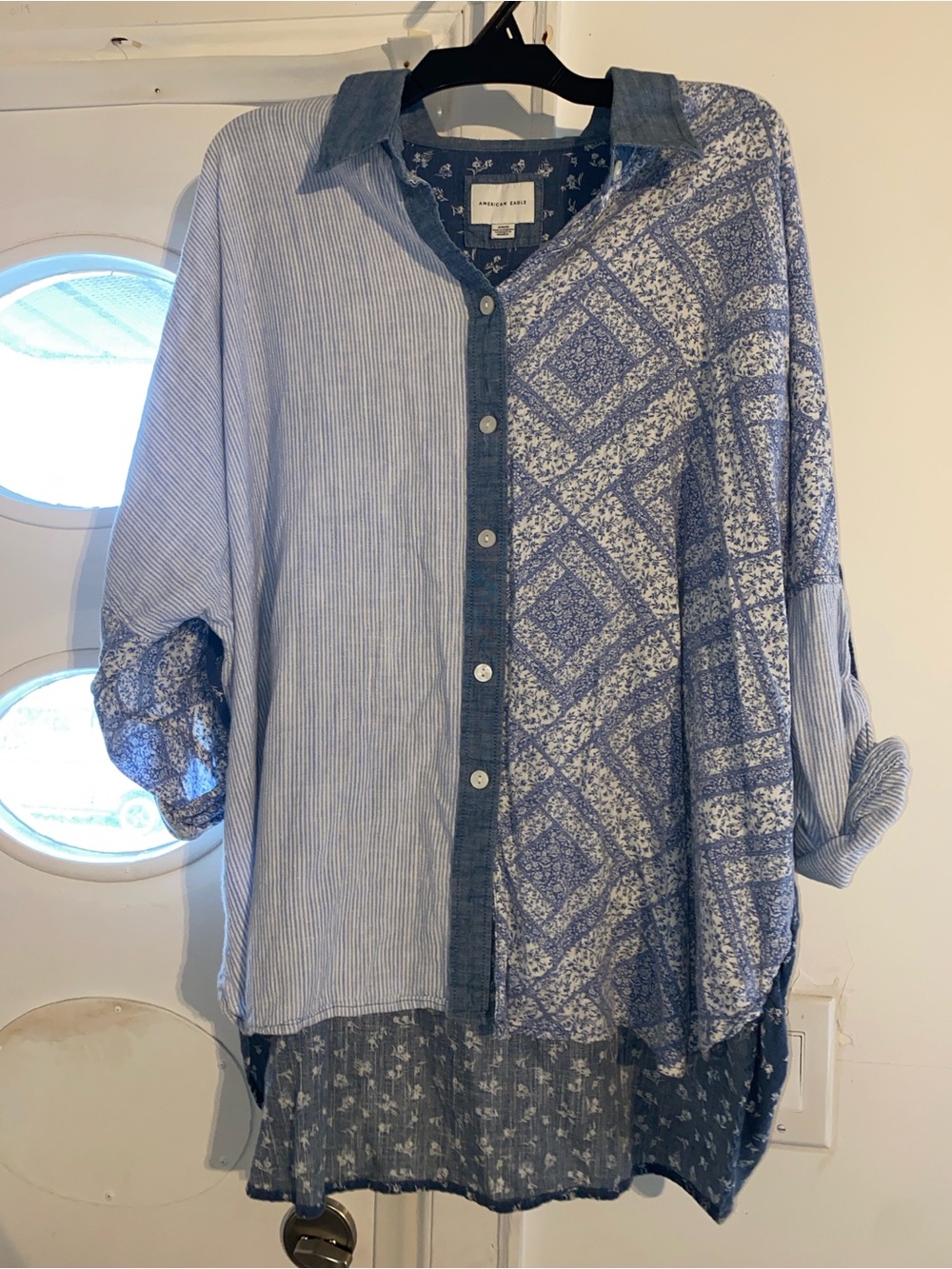 American Eagle Outfitters Blue Patterned High-Low Button Shirt